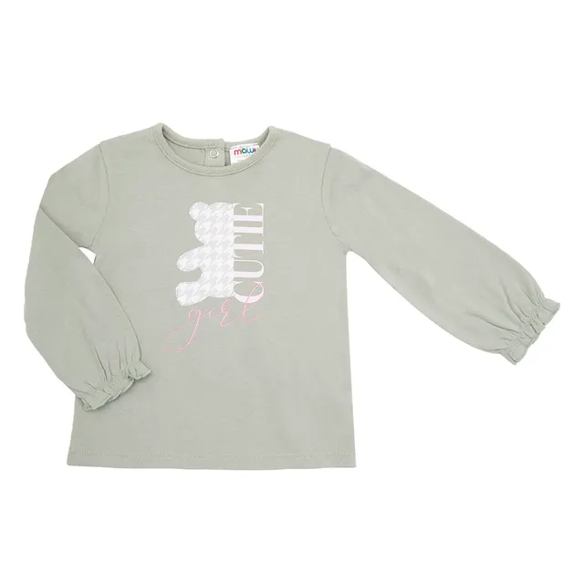 Maglia Jersey Bimba Verde Orsetto Manica Lunga Cotone