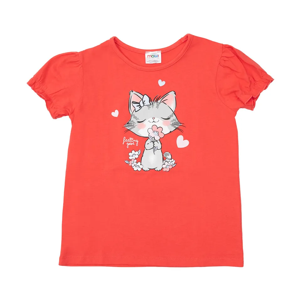 Maglietta jersey bimba corallo manica corta stampa gattino