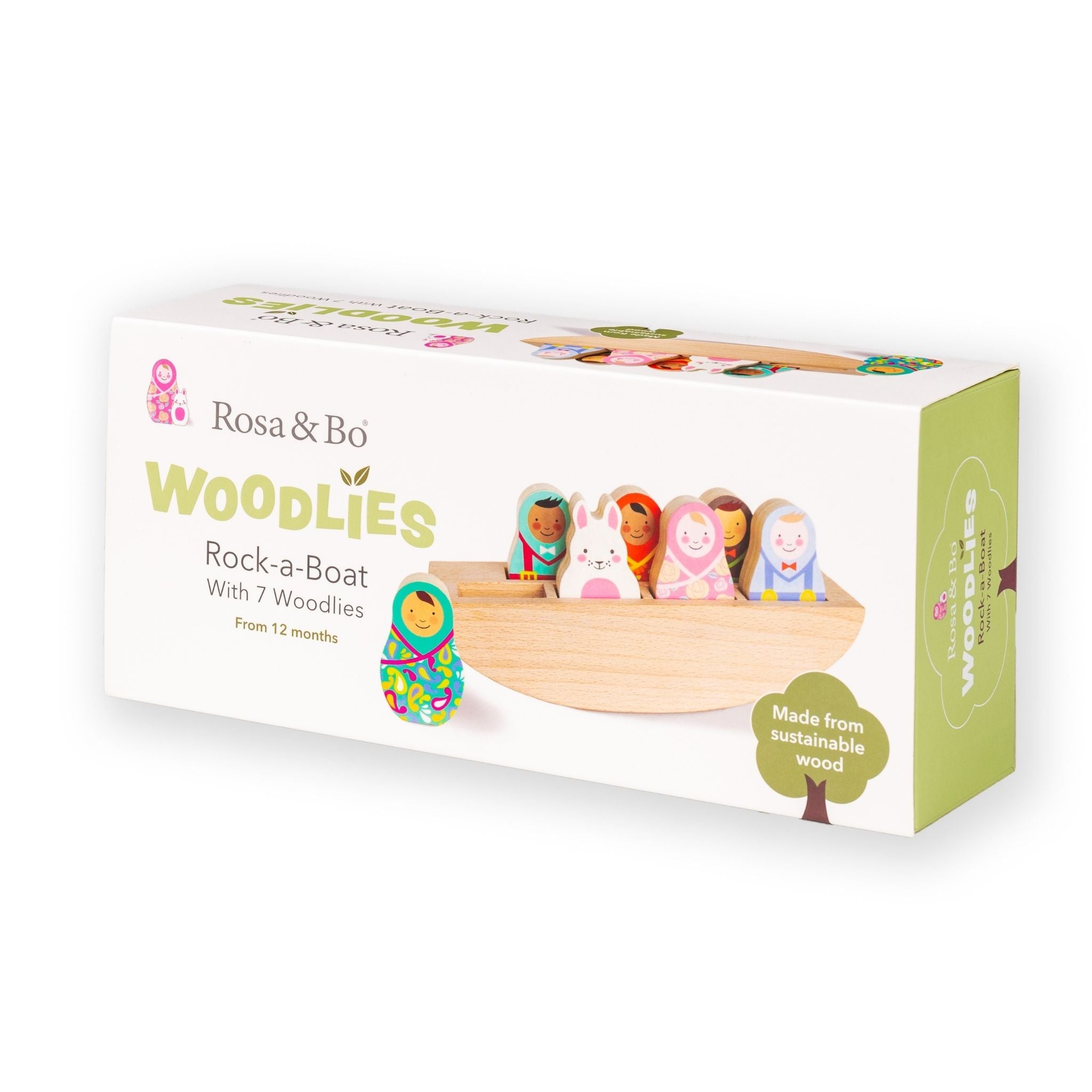 Rosa & Bo Little Friends Rock-a-Boat Woodlies barchetta legno con amici