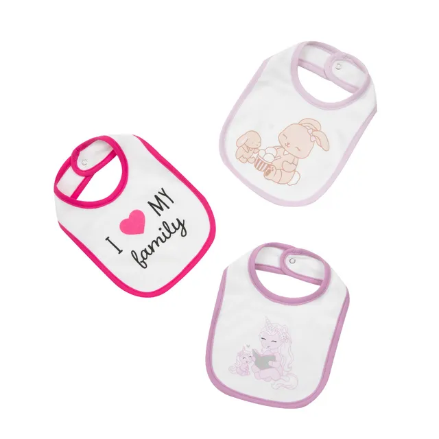 Set 3 Bavaglini Bimba Bianco Rosa Viola Cotone