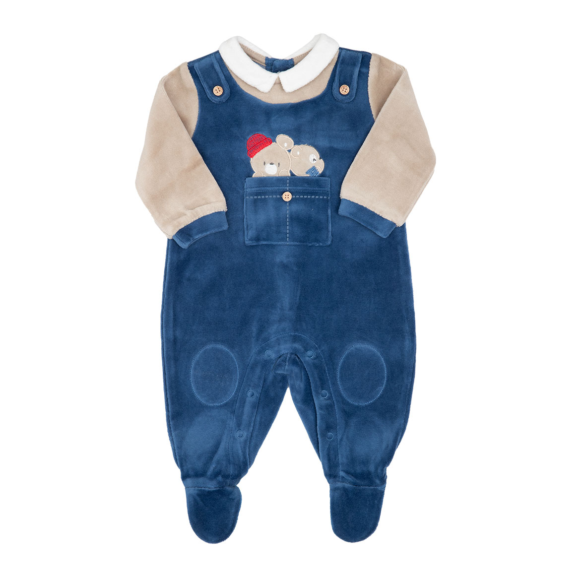 Tutina Neonato Orsetti Blu Beige Ciniglia con Piedini