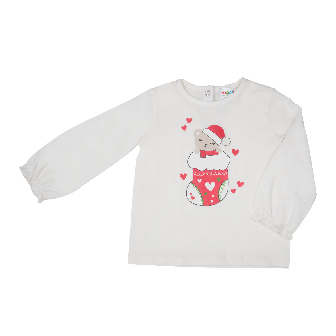 Bimba T-Shirt Manica Lunga Bianca Stampa Natale Orsetto
