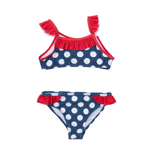 Costume Due Pezzi Bimba Blu a Pois con Ruches