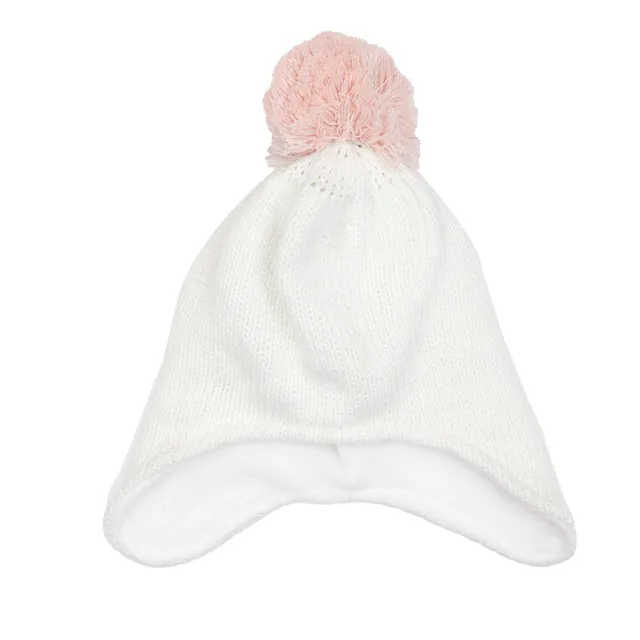 Cappello peruviano neonata bianco con pon pon rosa pile