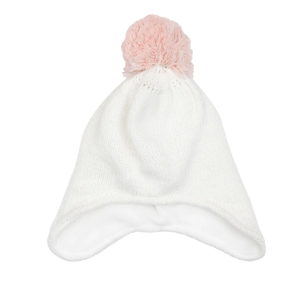 Cappello peruviano neonata bianco con pon pon rosa pile