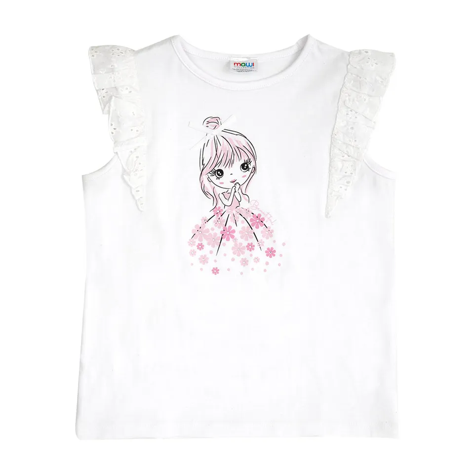 T-Shirt Bambina Frill Sangallo Cotone Bianca Girocollo