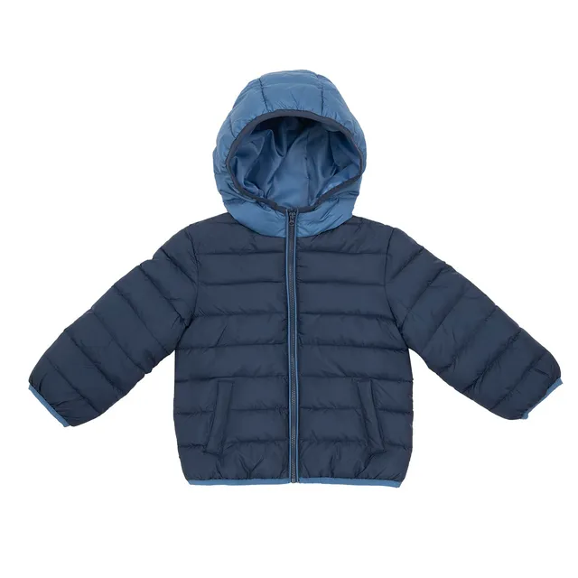 Piumino bimbo blu con cappuccio e tasche