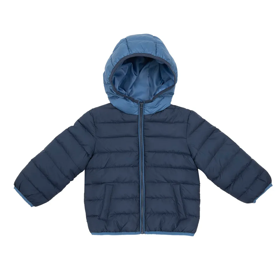Piumino bimbo blu con cappuccio e tasche
