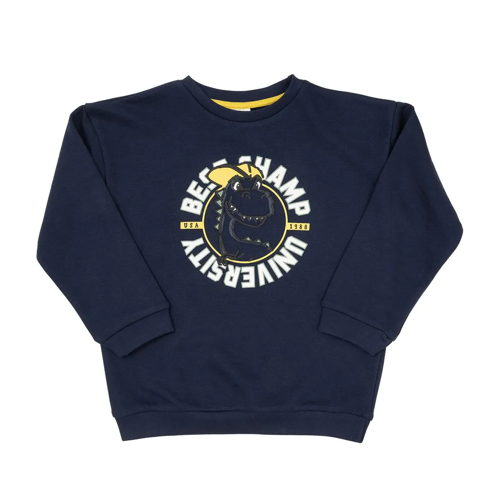 Felpa Bimbo Blu Scuro Stampa Dino Cotone