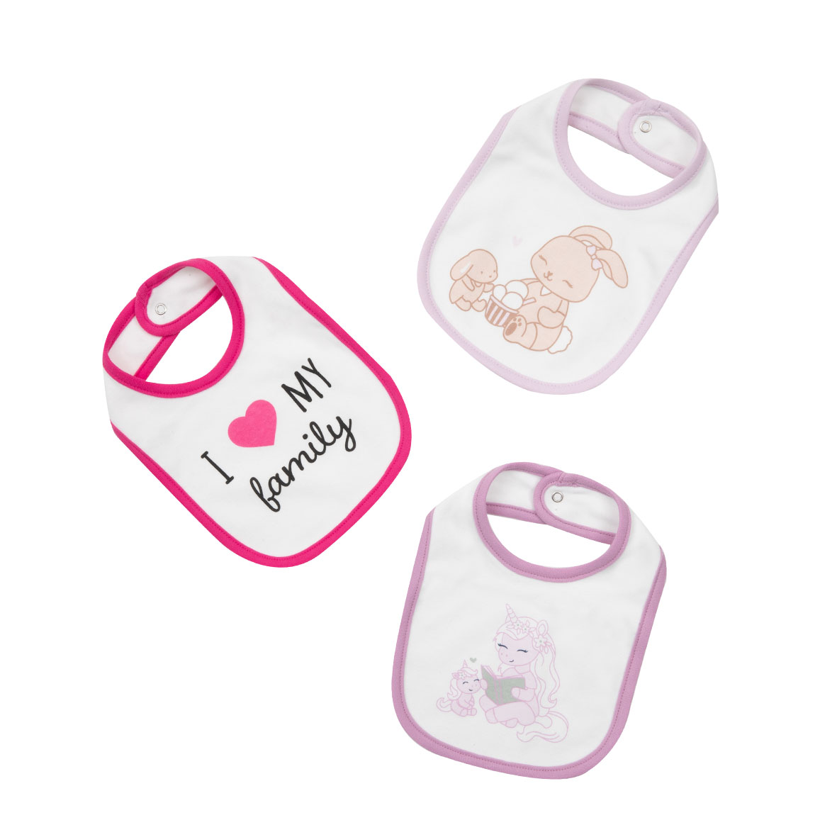 Set 3 Bavaglini Bimba Bianco Rosa Viola Cotone