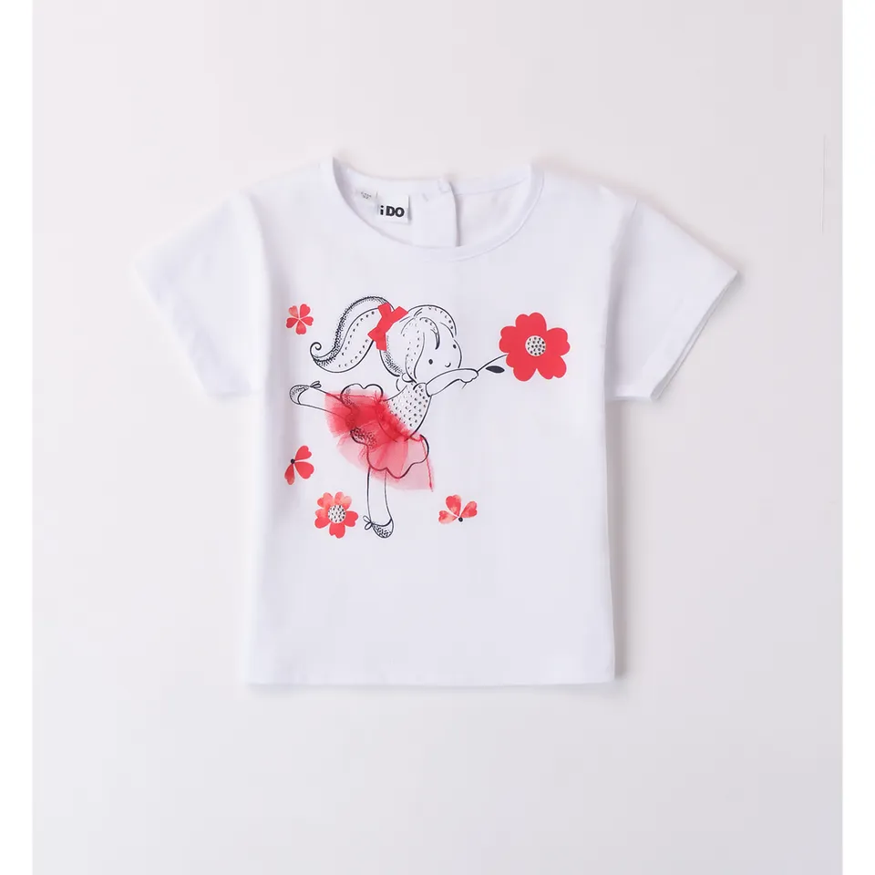 iDO t-shirt bimba bianca cotone con tulle e strass