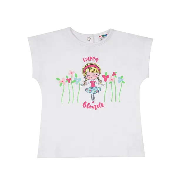 T-shirt Jersey Bimba Bianca con Stampa Bambolina e Bottoni
