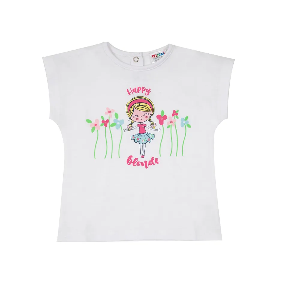 T-shirt Jersey Bimba Bianca con Stampa Bambolina e Bottoni