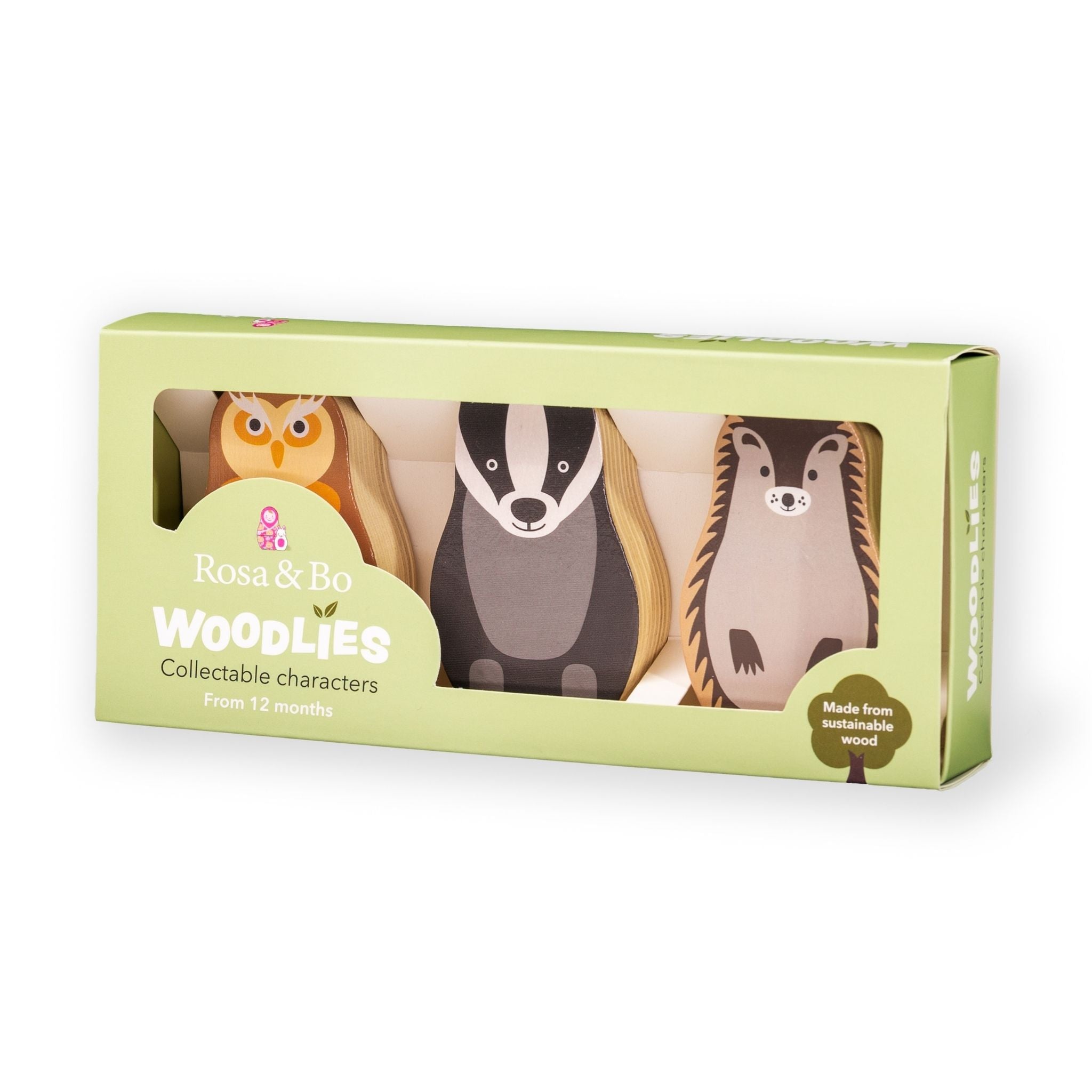 Rosa & Bo Woodlies Hamish Olive Basil giochi in legno 3 pezzi 12 mesi+
