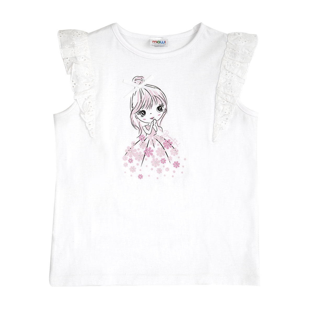 T-Shirt Bambina Frill Sangallo Cotone Bianca Girocollo