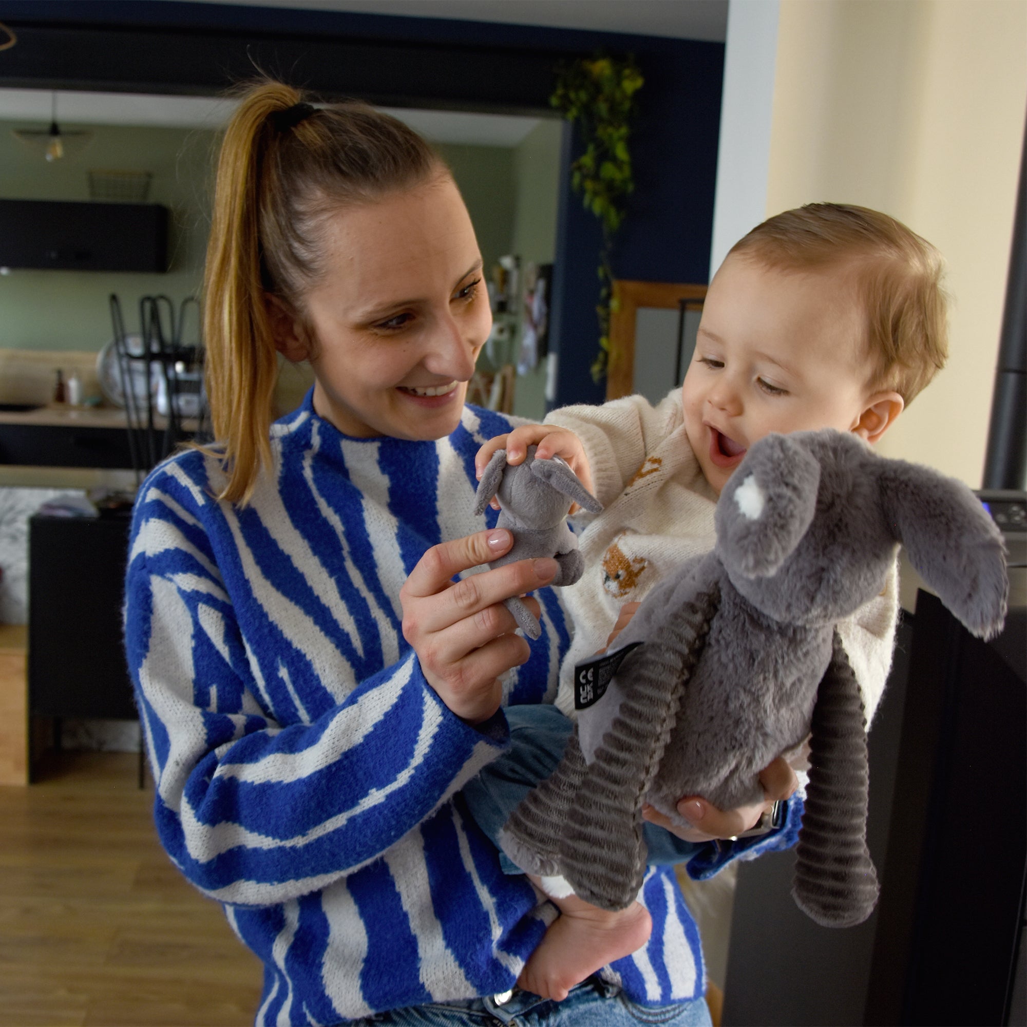 Les Deglingos Ptipotos Poitou Peluche Asinello Mamma e Bebè Grigio
