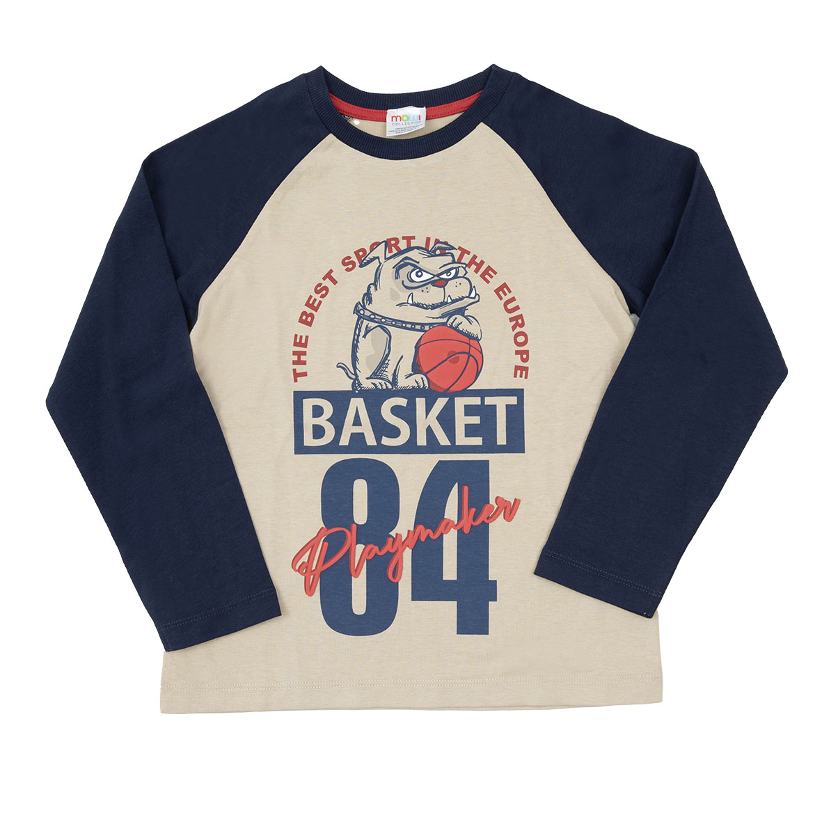 T-shirt bambino maniche lunghe blu beige stampa frontale