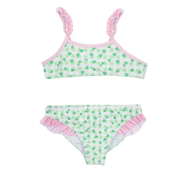 Bikini bimba bianco verde due pezzi con frill quadretti