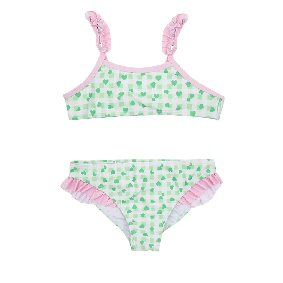 Bikini bimba bianco verde due pezzi con frill quadretti