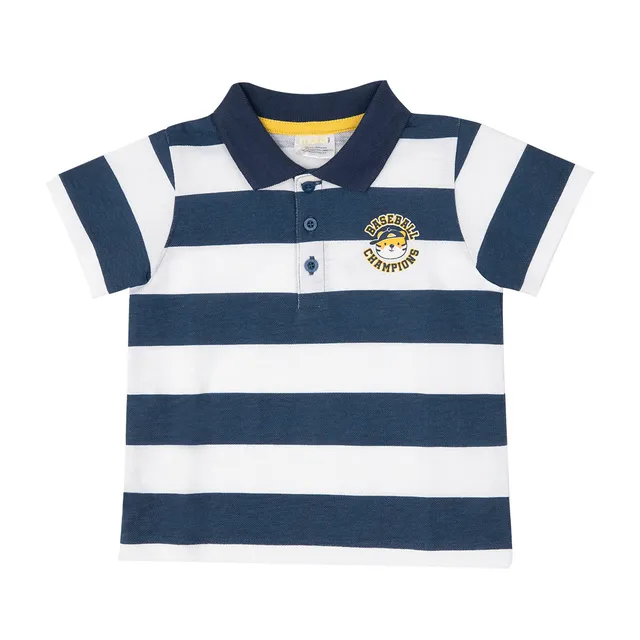 Polo Piquet bimbo bianca blu stampa baseball