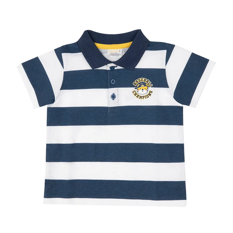Polo Piquet bimbo bianca blu stampa baseball
