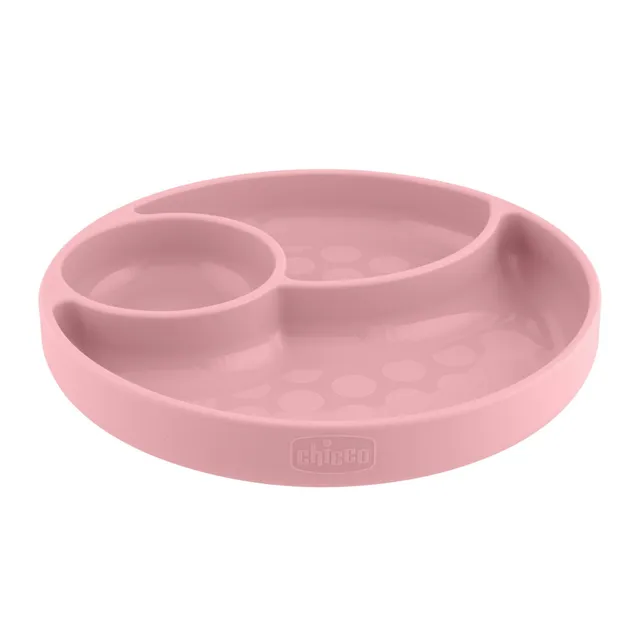 Chicco Piatto Porzionato Silicone Rosa 12M+ con Ventosa