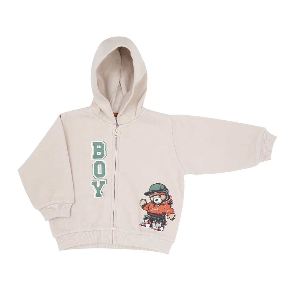 Felpa bimbo con zip e cappuccio beige orsetto