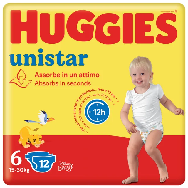 Huggies Unistar Pannolini Taglia 6 XL 15-30 kg 12 pz Notte
