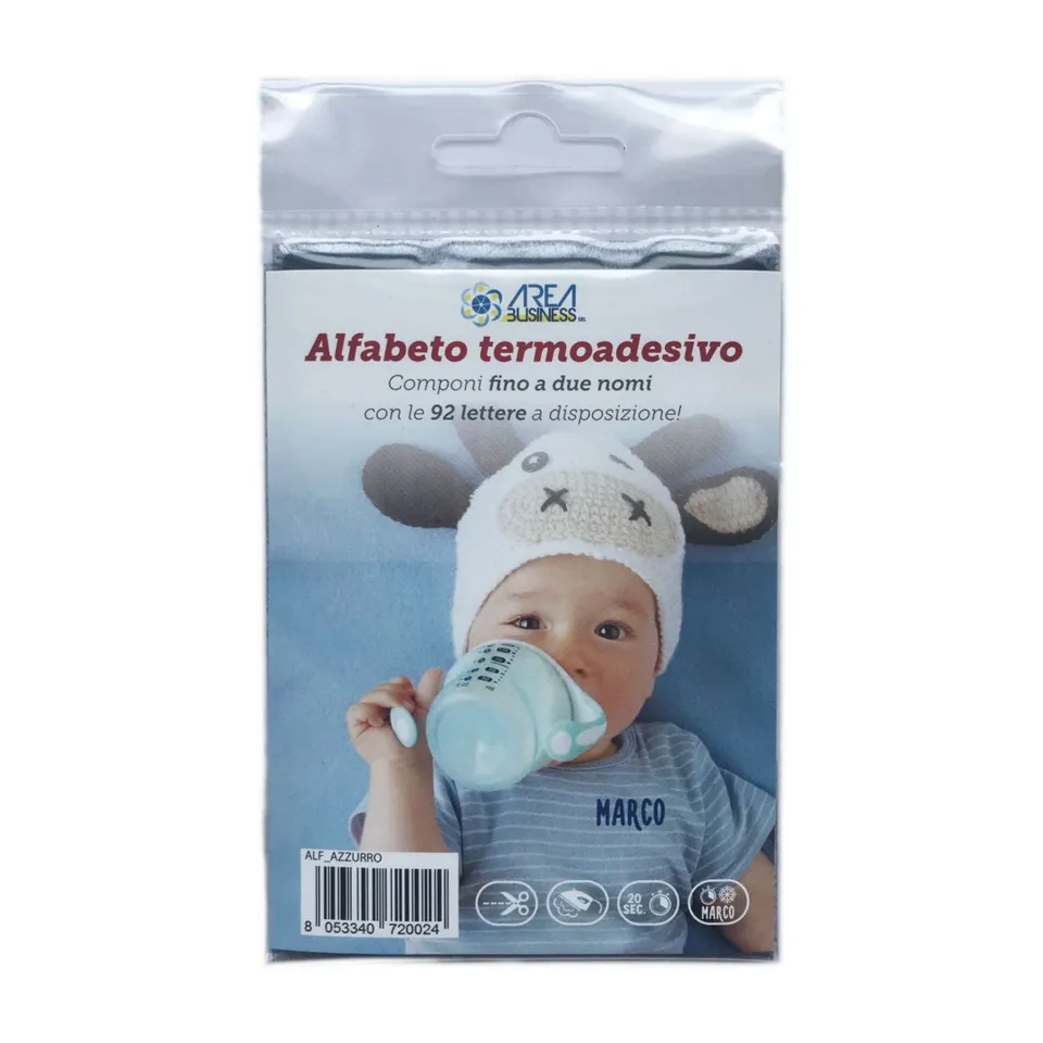 Alfabeto termoadesivo marcabiancheria azzurro 92 lettere
