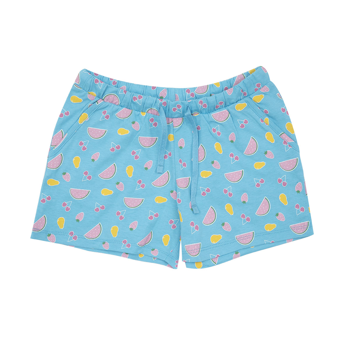 Shorts jersey bimba azzurro stampa frutta elastico
