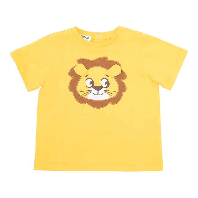 T-shirt jersey bimbo gialla stampa leone girocollo