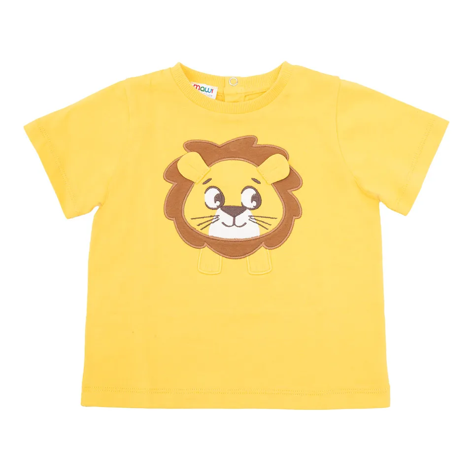 T-shirt jersey bimbo gialla stampa leone girocollo