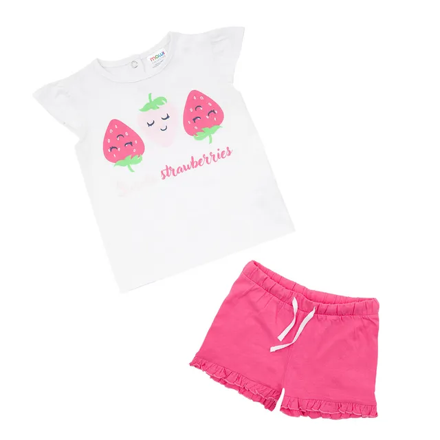 Set bimba canotta + shorts bianco rosa fragole