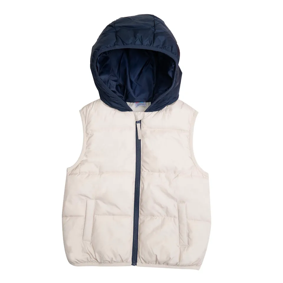 Gilet Smanicato Bimbo Beige Blu con Cappuccio Leggero