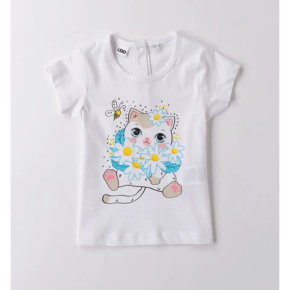 iDO T-Shirt Bianca Gatto 100% Cotone Bimba