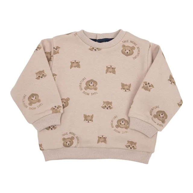 Felpa Bimbo Beige in Cotone con Orsetti e Bottoni