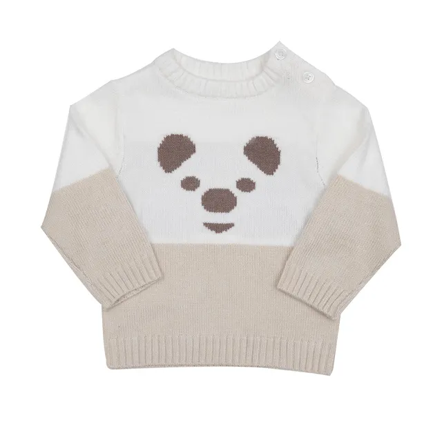 Maglia tricot bimbo panna beige orso girocollo 2 bottoni