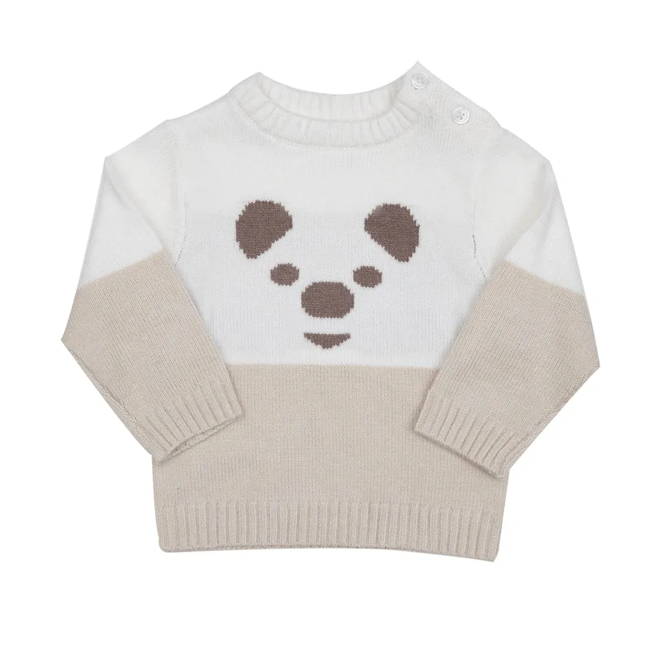 Maglia tricot bimbo panna beige orso girocollo 2 bottoni