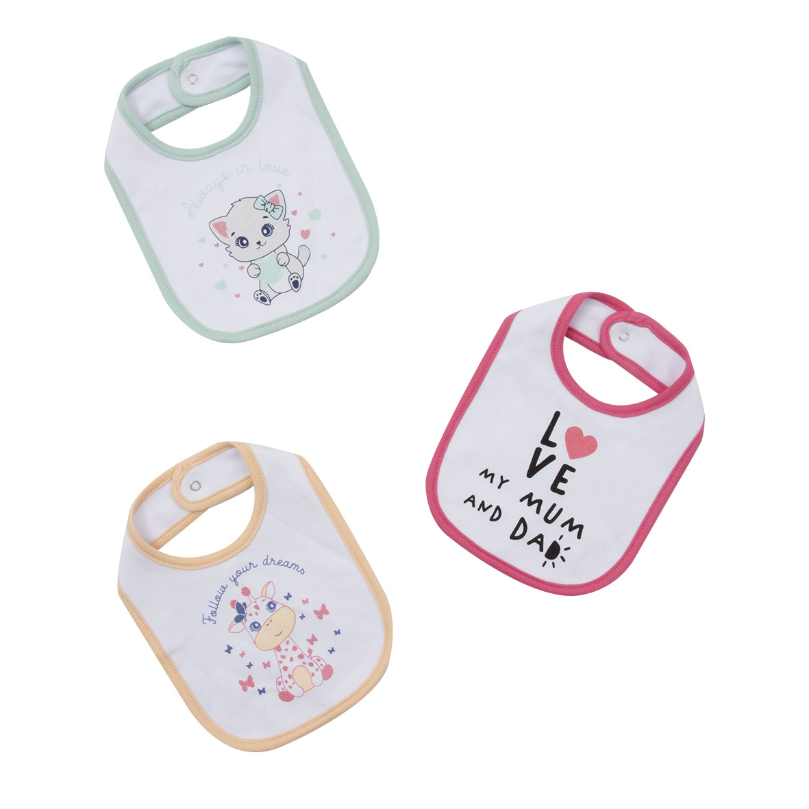 Set 3 Bavaglini Bimba Stampati con Bottone Clip