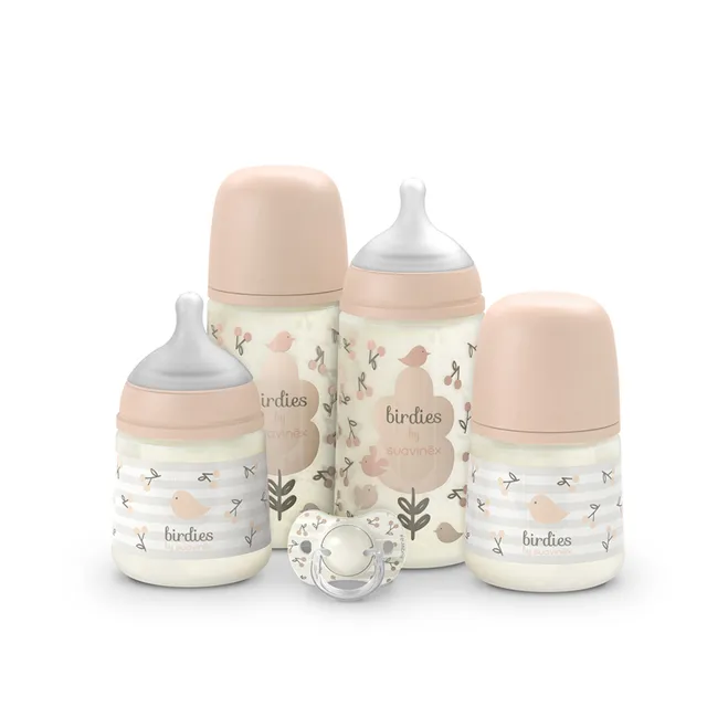 Suavinex Birdies Essential set regalo biberon rosa