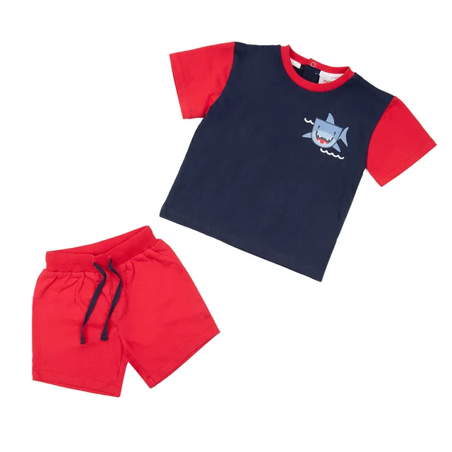 Set bimbo maglietta + pantaloncino rosso blu con tasca