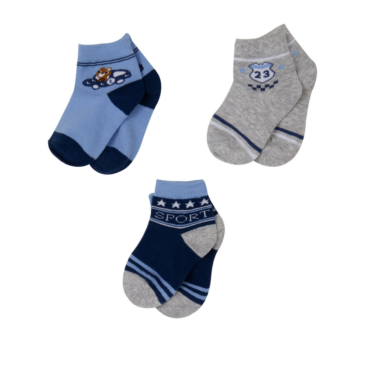 Calze corte bimbo sport grigio azzurro 3 paia