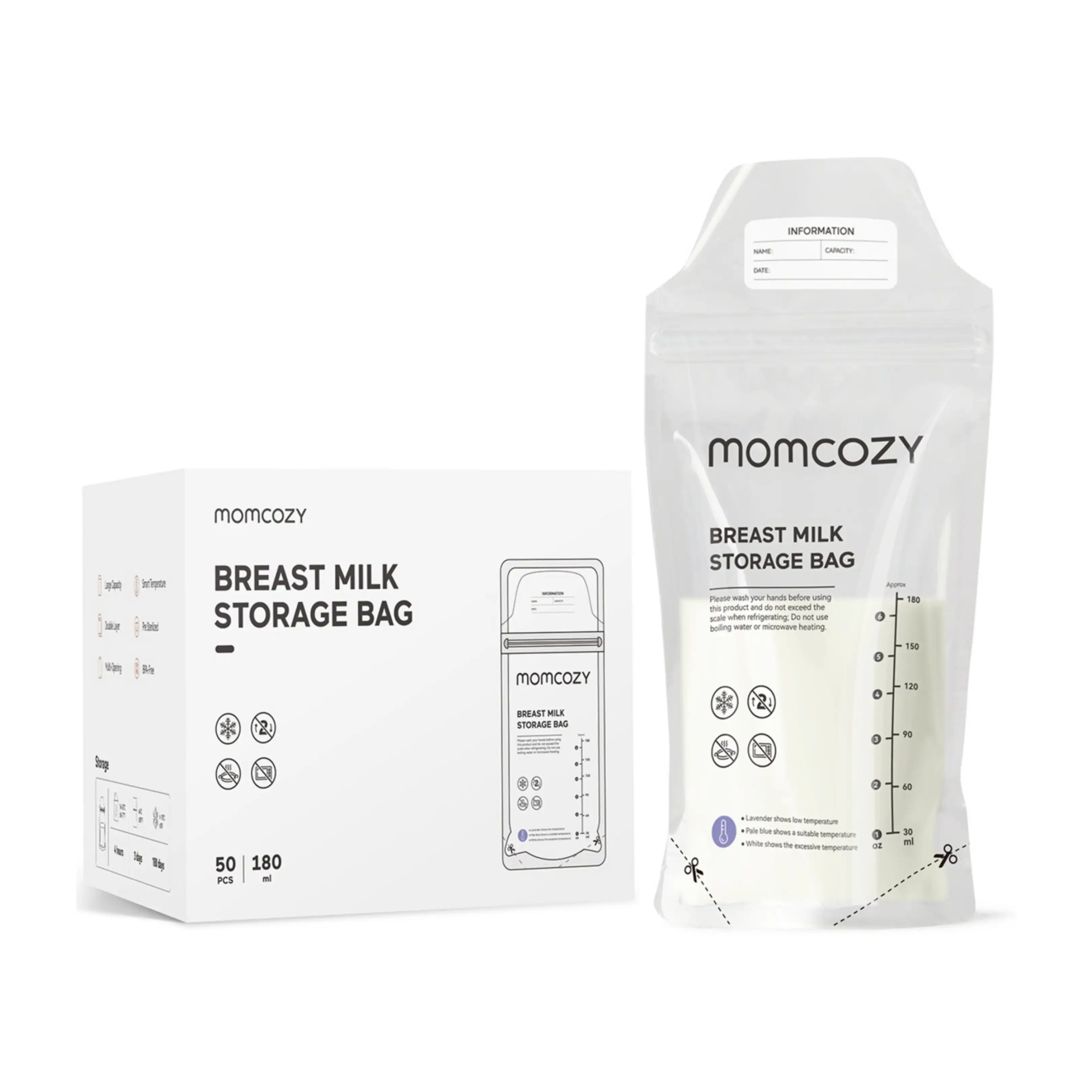 Momcozy sacchetti conservalatte 180 ml termosensibili 50 pz