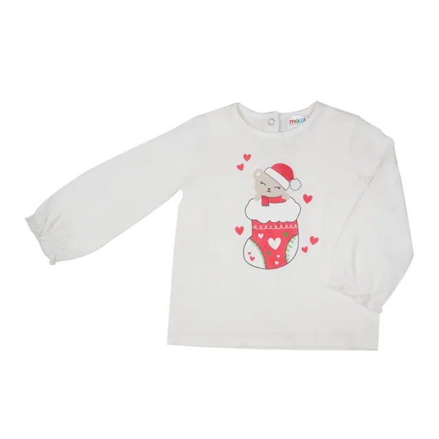 Bimba T-Shirt Manica Lunga Bianca Stampa Natale Orsetto
