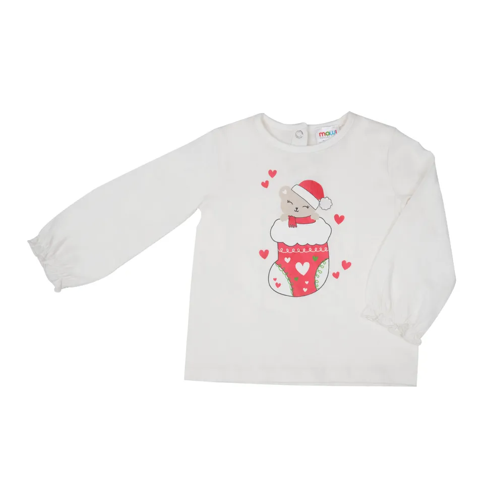 Bimba T-Shirt Manica Lunga Bianca Stampa Natale Orsetto