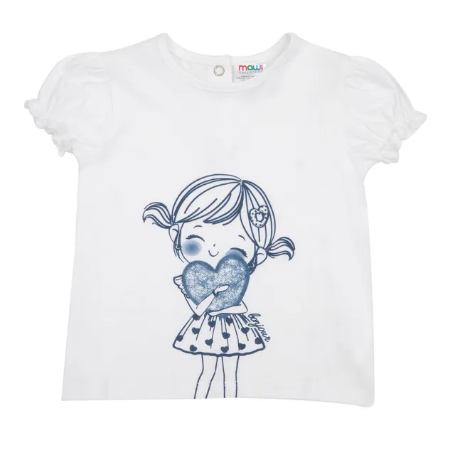 T-shirt Jersey Bimba Bianca Stampa Girocollo Cotone