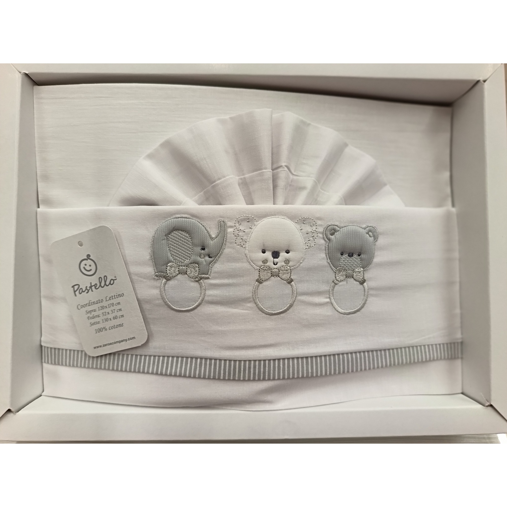 Lenzuola lettino 3 pezzi ricamate pastello unisex