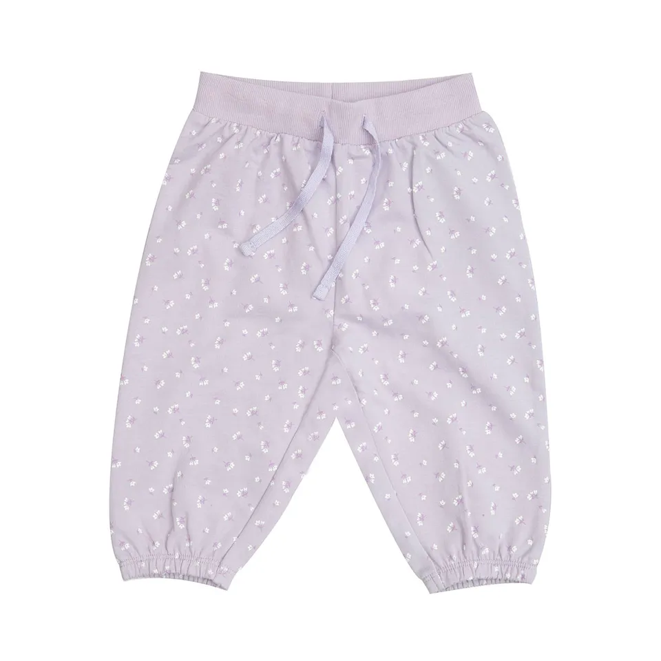 Pantalone bimba lilla stampato fiori bianchi casual