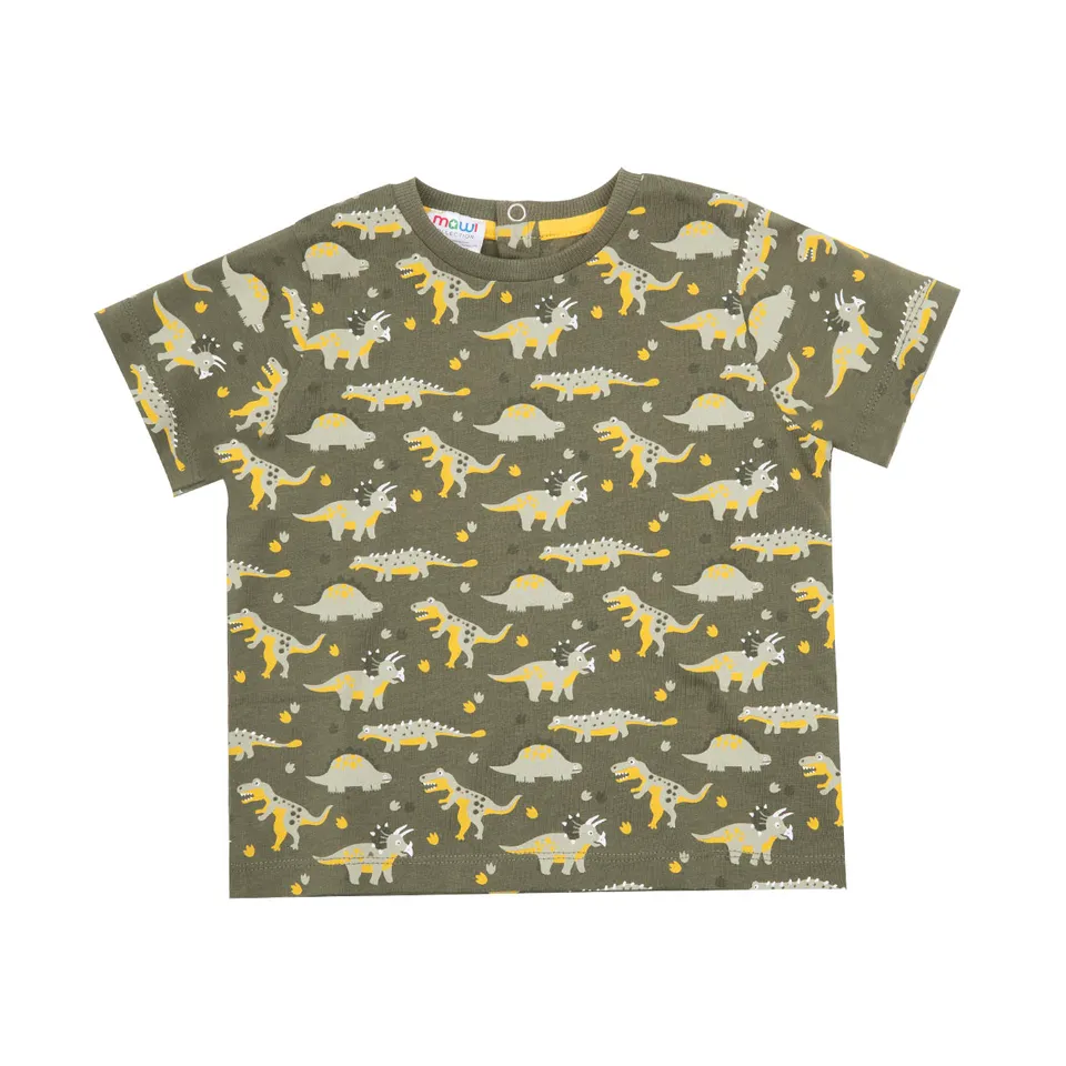 T-shirt jersey bimbo verde stampa dinosauri cotone