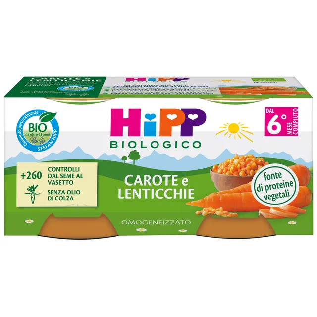 HiPP Biologico Omogeneizzato Carote Lenticchie 2x80 g